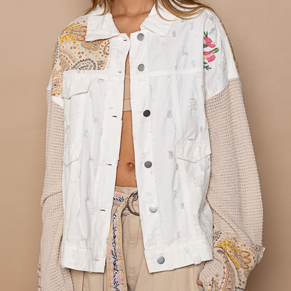 POL White Thermal Sleeve Paisley Patch Button Down Shacket Jacket - Picture 6 of 9